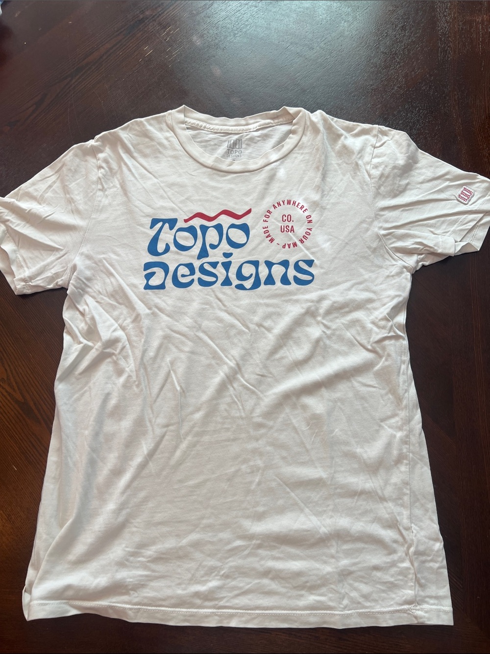 Topo Designs White Short-Sleeve Logo Tee with Blue and Red Print